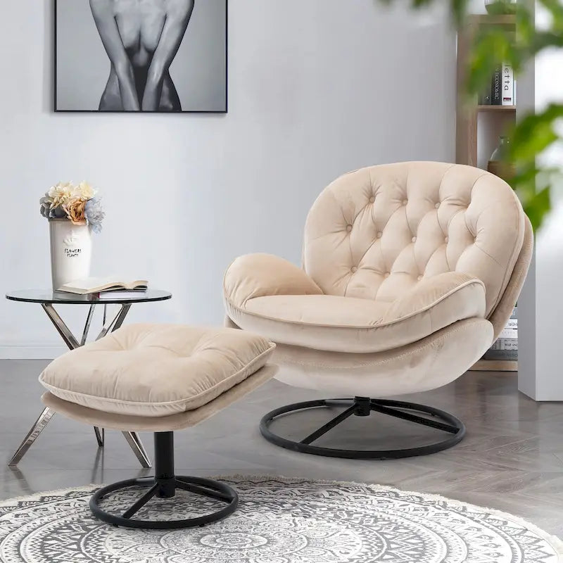 Fauteuil pivotant beige moderne de 80 cm avec repose-pieds