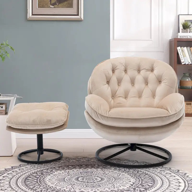 Fauteuil pivotant beige moderne de 80 cm avec repose-pieds