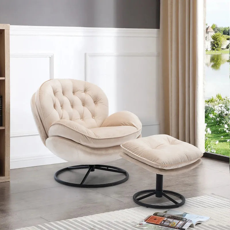 Fauteuil pivotant beige moderne de 80 cm avec repose-pieds