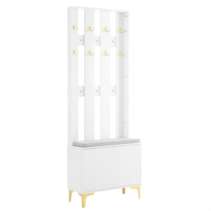 Meuble d'entrée 4 en 1 avec coussin, porte-manteau avec 8 crochets et pieds dorés, banc d'entrée avec étagères réglables et portes cannelées