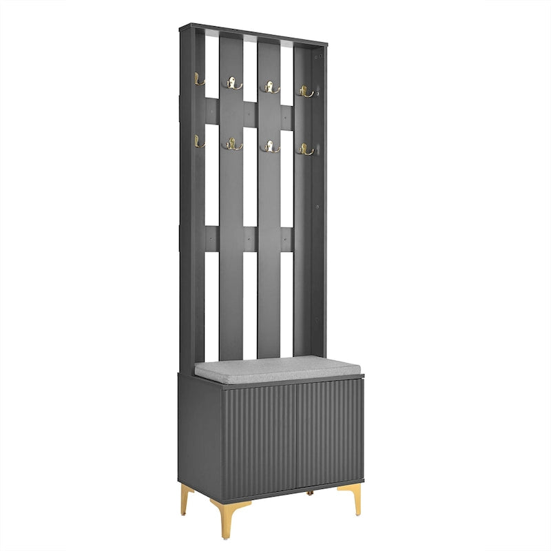 Meuble d'entrée 4 en 1 avec coussin, porte-manteau avec 8 crochets et pieds dorés, banc d'entrée avec étagères réglables et portes cannelées