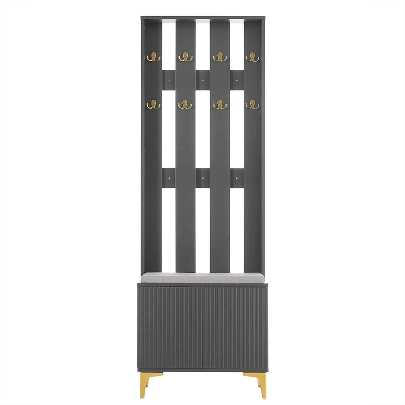 Meuble d'entrée 4 en 1 avec coussin, porte-manteau avec 8 crochets et pieds dorés, banc d'entrée avec étagères réglables et portes cannelées