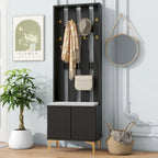 Meuble d'entrée 4 en 1 avec coussin, porte-manteau avec 8 crochets et pieds dorés, banc d'entrée avec étagères réglables et portes cannelées