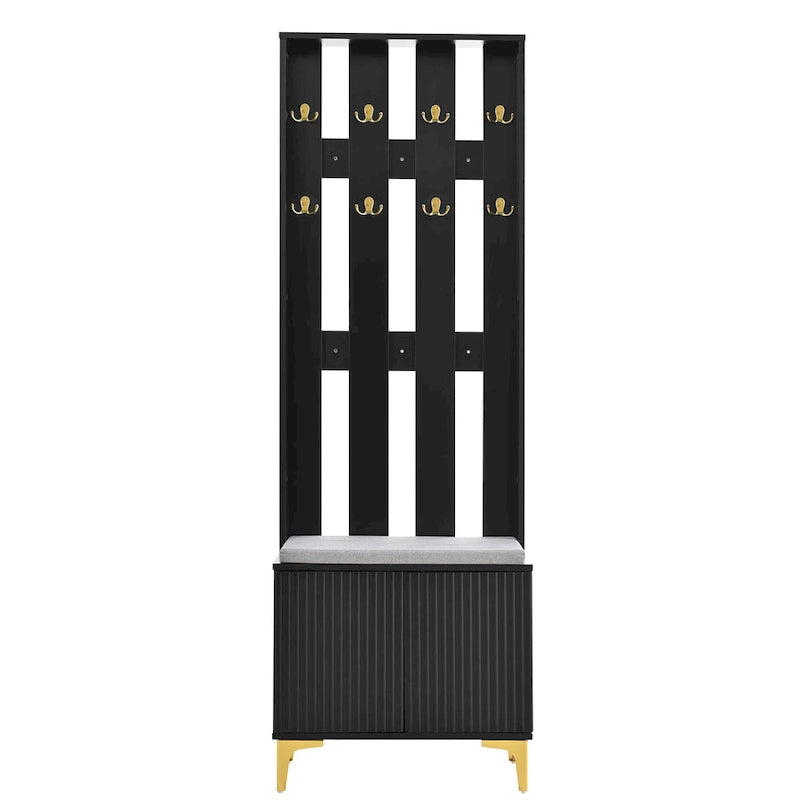 Meuble d'entrée 4 en 1 avec coussin, porte-manteau avec 8 crochets et pieds dorés, banc d'entrée avec étagères réglables et portes cannelées