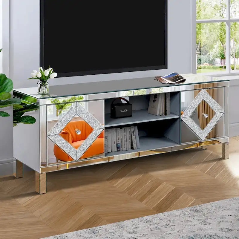 Meuble TV 59 pouces avec portes miroir en forme de losange et rangement pour téléviseurs jusqu'à 65 pouces