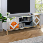 Meuble TV 59 pouces avec portes miroir en forme de losange et rangement pour téléviseurs jusqu'à 65 pouces