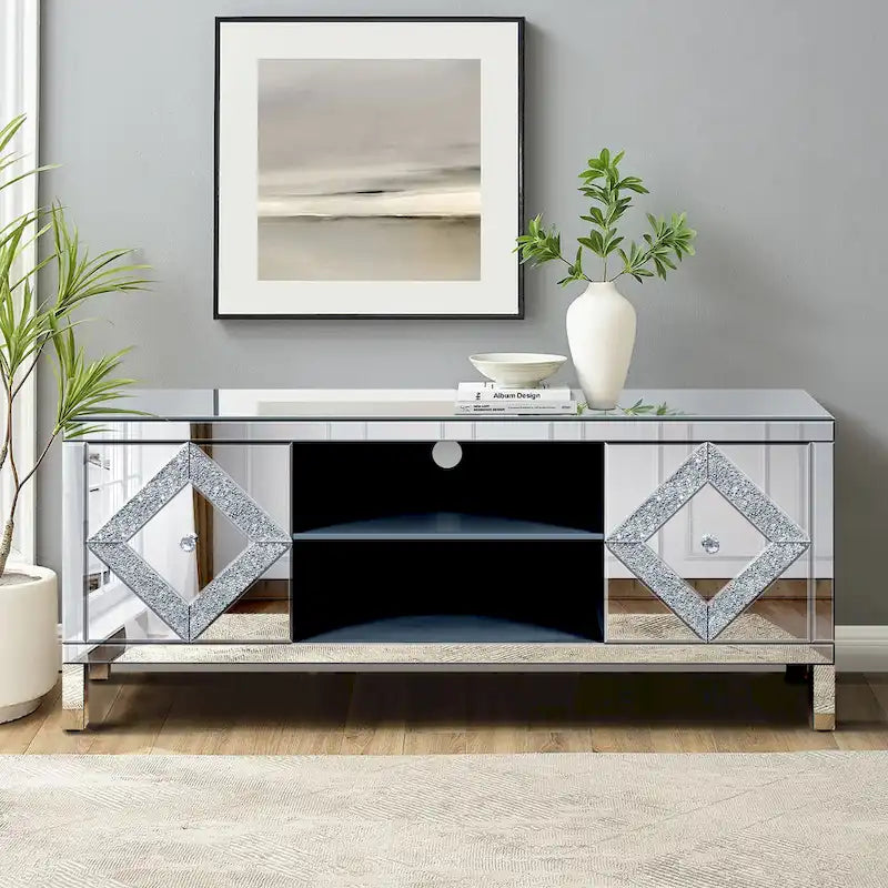 Meuble TV 59 pouces avec portes miroir en forme de losange et rangement pour téléviseurs jusqu'à 65 pouces