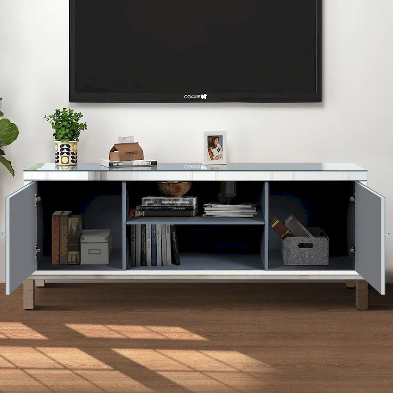 Meuble TV 59 pouces avec portes miroir en forme de losange et rangement pour téléviseurs jusqu'à 65 pouces