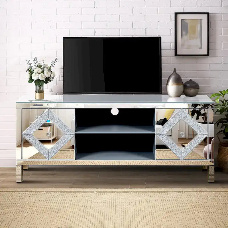 Meuble TV 59 pouces avec portes miroir en forme de losange et rangement pour téléviseurs jusqu'à 65 pouces