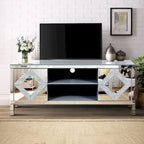 Meuble TV 59 pouces avec portes miroir en forme de losange et rangement pour téléviseurs jusqu'à 65 pouces