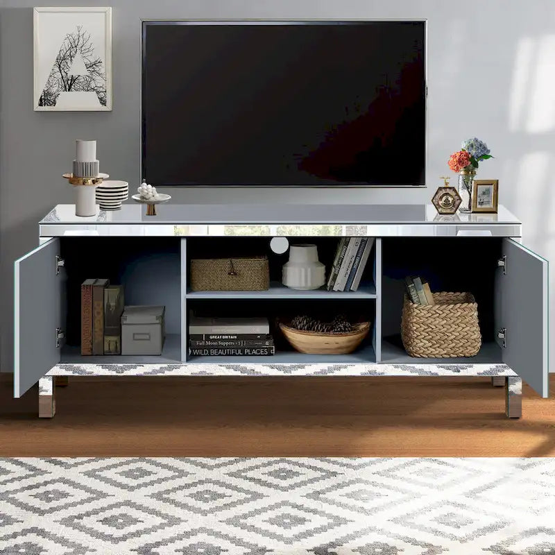 Meuble TV 59 pouces avec portes miroir en forme de losange et rangement pour téléviseurs jusqu'à 65 pouces