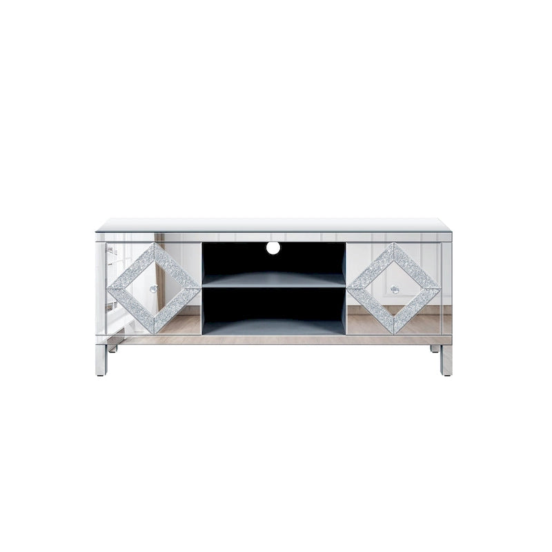 Meuble TV 59 pouces avec portes miroir en forme de losange et rangement pour téléviseurs jusqu'à 65 pouces
