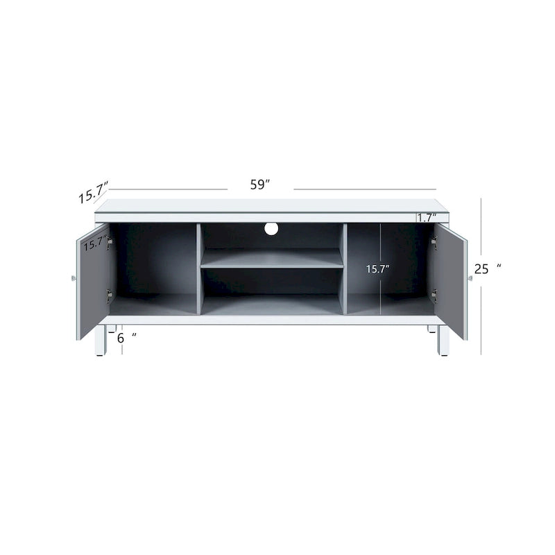 Meuble TV 59 pouces avec portes miroir en forme de losange et rangement pour téléviseurs jusqu'à 65 pouces