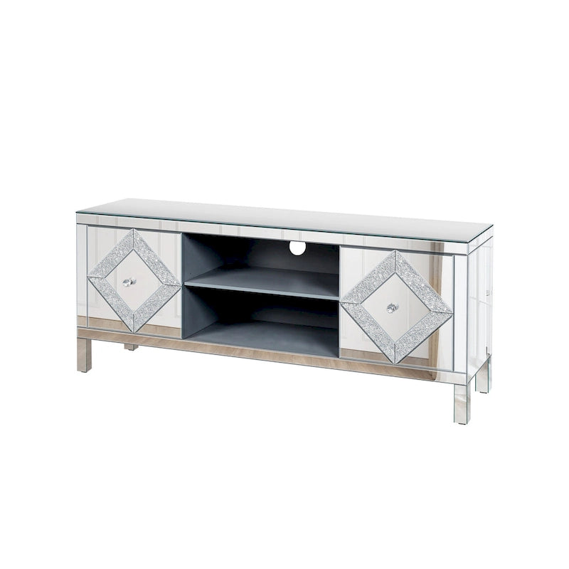 Meuble TV 59 pouces avec portes miroir en forme de losange et rangement pour téléviseurs jusqu'à 65 pouces