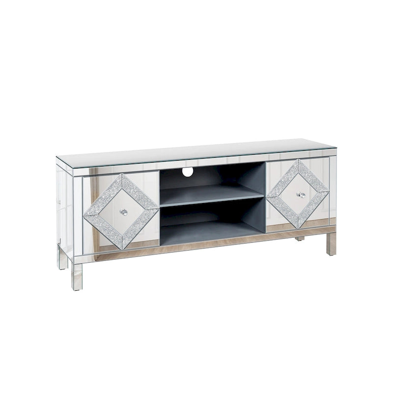 Meuble TV 59 pouces avec portes miroir en forme de losange et rangement pour téléviseurs jusqu'à 65 pouces