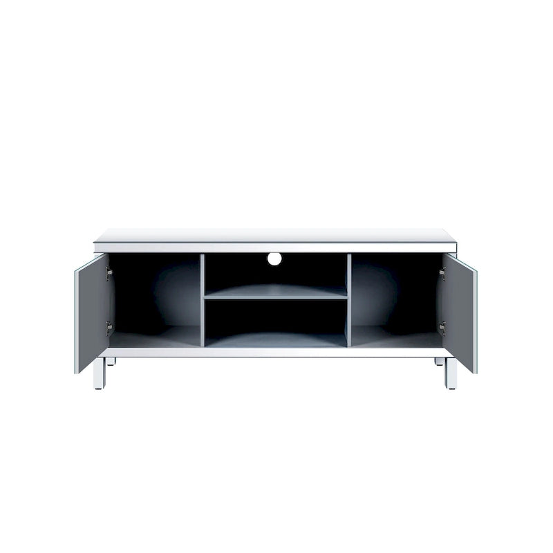 Meuble TV 59 pouces avec portes miroir en forme de losange et rangement pour téléviseurs jusqu'à 65 pouces