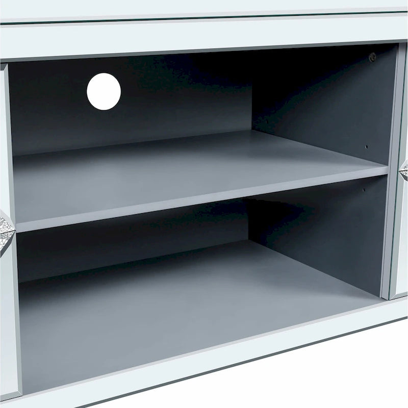 Meuble TV 59 pouces avec portes miroir en forme de losange et rangement pour téléviseurs jusqu'à 65 pouces