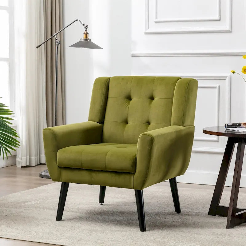 Fauteuil d'appoint capitonné en velours vert 29,53 avec pieds en bois massif noir