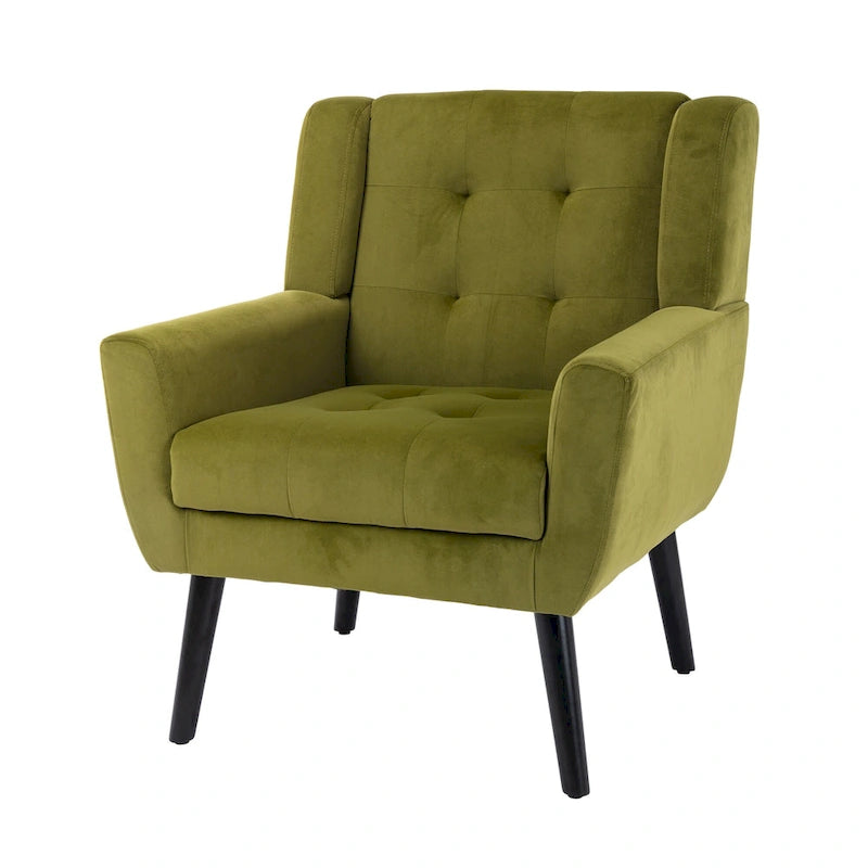 Fauteuil d'appoint capitonné en velours vert 29,53 avec pieds en bois massif noir