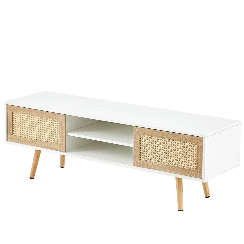 Meuble TV blanc 55,12 avec portes coulissantes, pieds en bois et étagère réglable