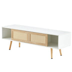 Meuble TV blanc 55,12 avec portes coulissantes, pieds en bois et étagère réglable
