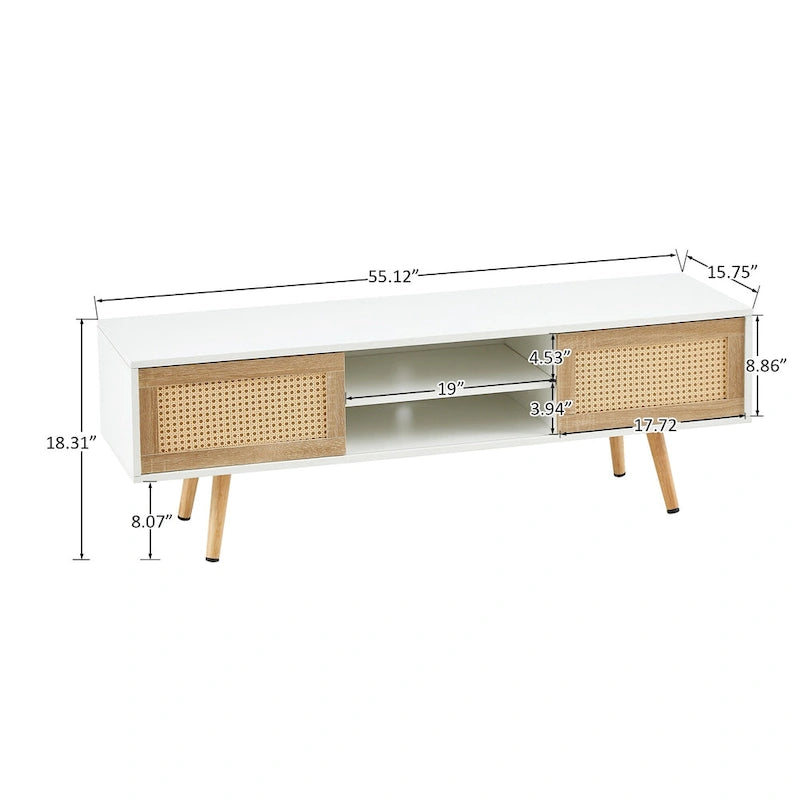 Meuble TV blanc 55,12 avec portes coulissantes, pieds en bois et étagère réglable