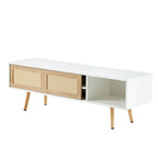 Meuble TV blanc 55,12 avec portes coulissantes, pieds en bois et étagère réglable