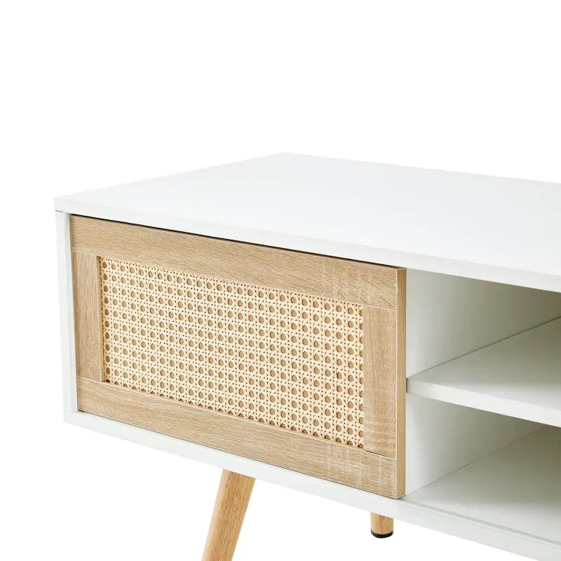 Meuble TV blanc 55,12 avec portes coulissantes, pieds en bois et étagère réglable