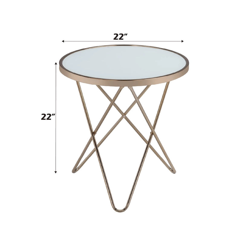 Table d'appoint ronde avec plateau en verre dépoli et finition champagne, et piètement en métal en forme de V