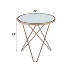 Table d'appoint ronde avec plateau en verre dépoli et finition champagne, et piètement en métal en forme de V