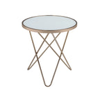 Table d'appoint ronde avec plateau en verre dépoli et finition champagne, et piètement en métal en forme de V
