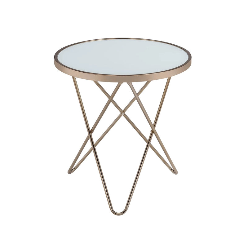 Table d'appoint ronde avec plateau en verre dépoli et finition champagne, et piètement en métal en forme de V
