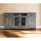 Meuble TV HomeRoots 70 en bois massif gris vieilli avec rangement fermé - 70 po x 37,25 po x 17,75 po
