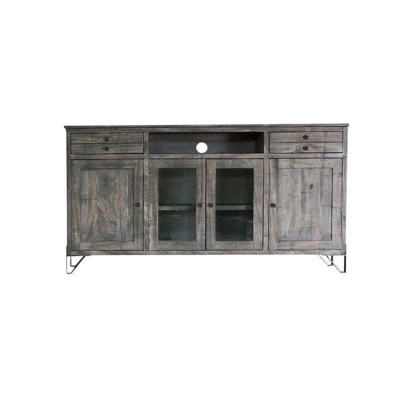 Meuble TV HomeRoots 70 en bois massif gris vieilli avec rangement fermé - 70 po x 37,25 po x 17,75 po
