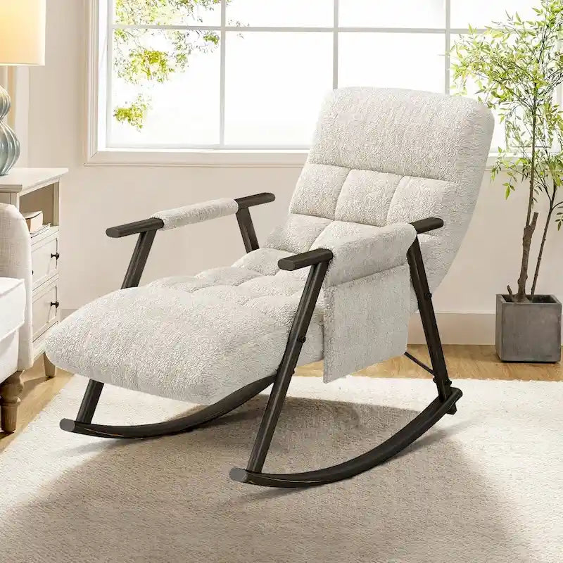 Fauteuil à bascule moderne classique recouvert de tissu avec poche de rangement
