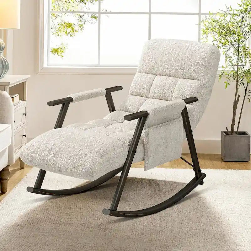 Fauteuil à bascule moderne classique recouvert de tissu avec poche de rangement