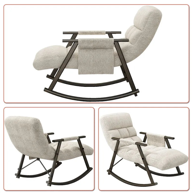 Fauteuil à bascule moderne classique recouvert de tissu avec poche de rangement