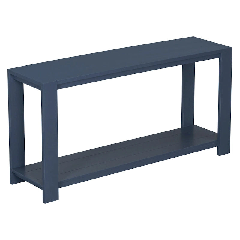 Caractéristiques distinctives d'une console minimaliste avec étagère inférieure et quatre pieds, idéale pour une entrée ou un couloir.