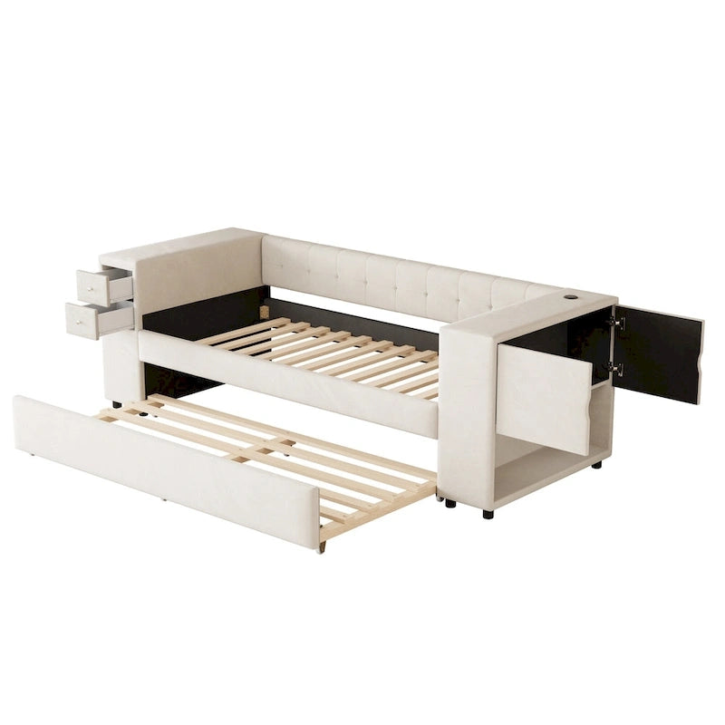 Lit de jour rembourré en velours avec rangement et ports de chargement USB