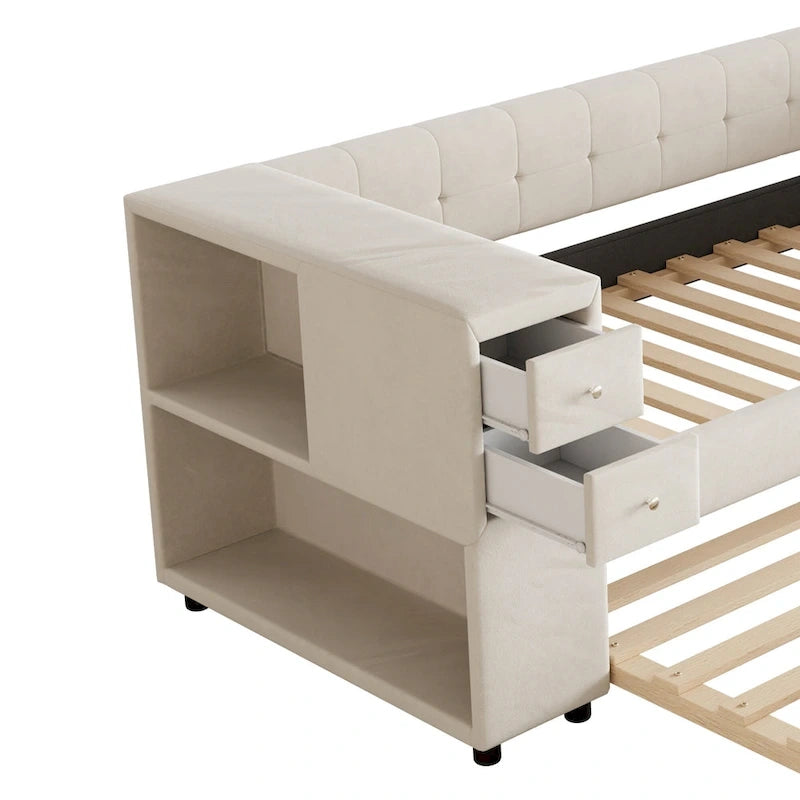 Lit de jour rembourré en velours avec rangement et ports de chargement USB