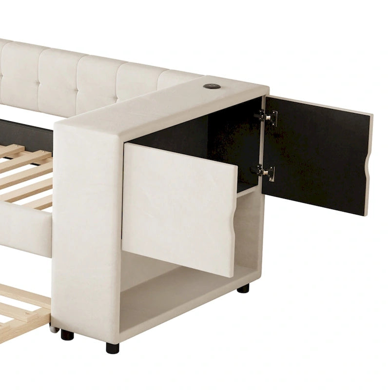 Lit de jour rembourré en velours avec rangement et ports de chargement USB