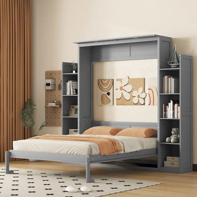 Lit escamotable Nordic Creative Queen Size avec étagères et éclairage LED, idéal pour enfants, adolescents et adultes. Gain de place, montage facile.