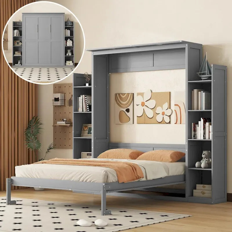 Lit escamotable Nordic Creative Queen Size avec étagères et éclairage LED, idéal pour enfants, adolescents et adultes. Gain de place, montage facile.