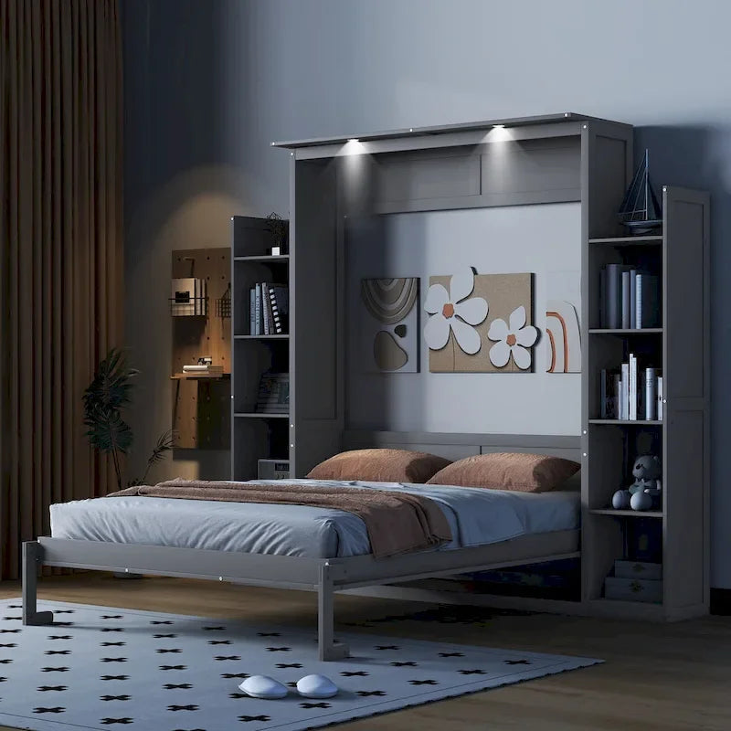 Lit escamotable Nordic Creative Queen Size avec étagères et éclairage LED, idéal pour enfants, adolescents et adultes. Gain de place, montage facile.
