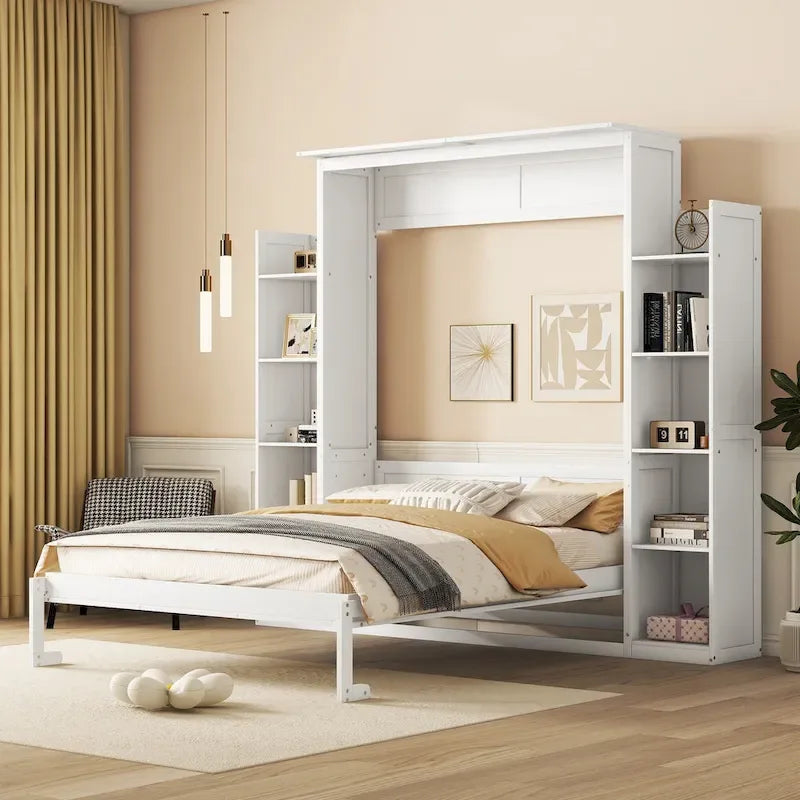 Lit escamotable Nordic Creative Queen Size avec étagères et éclairage LED, idéal pour enfants, adolescents et adultes. Gain de place, montage facile.