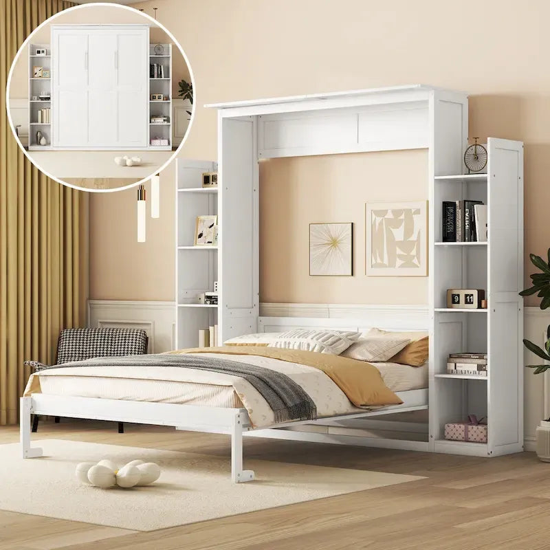 Lit escamotable Nordic Creative Queen Size avec étagères et éclairage LED, idéal pour enfants, adolescents et adultes. Gain de place, montage facile.