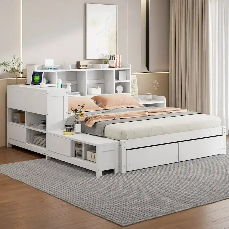 Lit plateforme en bois massif avec rangement, table de chevet, bureau, ports USB et 2 tiroirs, blanc