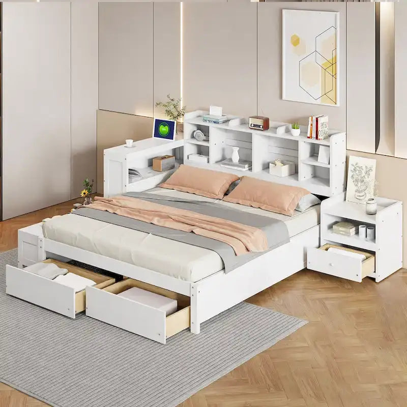 Lit plateforme en bois massif avec rangement, table de chevet, bureau, ports USB et 2 tiroirs, blanc