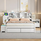 Lit plateforme en bois massif avec rangement, table de chevet, bureau, ports USB et 2 tiroirs, blanc