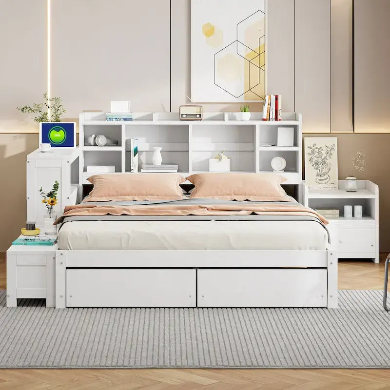 Lit plateforme en bois massif avec rangement, table de chevet, bureau, ports USB et 2 tiroirs, blanc